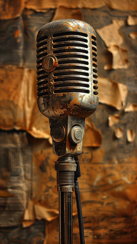 Vintage Microphone on Vintage Background Retro Microphone Aesthetic, Images Of Musical Instruments, 90 Music Aesthetic, Vintage Radio Photography, Old Machines Vintage, Music Bar Aesthetic, Vintage Microphone Aesthetic, Old Radio Aesthetic, Vintage Radio Aesthetic