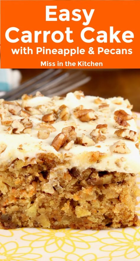 Easy Carrot Cake is a really simple cake to make from scratch. It's moist and flavorful with fresh shredded carrots, crushed pineapple and lots of pecans. Topped off with a simple cream cheese icing. Easy enough for anytime of the year and delicious enough for holiday gatherings. Carrot Cake Recipe From Scratch, Easy Carrot Cake Recipe, Carrot Cake With Pineapple, Strawberry Cake Easy, Carrot Cake Recipe Easy, Almond Pound Cakes, Moist Carrot Cakes, Easy Carrot Cake, Best Carrot Cake