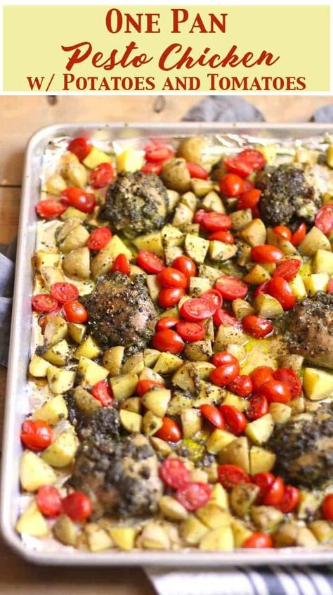 One Pan Pesto Chicken with Potatoes and Tomatoes is an easy, tasty, weeknight dinner. Prep the chicken the day before, and then everything goes into the oven on one pan! suebeehomemaker.com | #onepanmeal #pestochicken #onepanchicken #chickenthighs #pesto Turkey Entrees, Potatoes And Tomatoes, 30 Minute Meals Healthy, Chicken With Potatoes, Quick Soup, Dinner Prep, Vegetable Curry, Chicken Potatoes, Delish Recipes