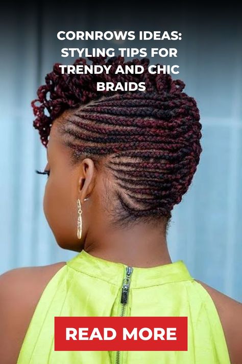 Woman with stylish cornrows and red highlights in an updo, showcasing trendy braid hairstyle tips. Natural Hair Braid Updo Styles, Flat Cornrows Natural Hair, Straight Backs Natural Hair, Braids And Cornrows Hairstyles, Up Do Cornrow Hairstyles, Natural Cornrows For Black Women, Cornrow Hairstyles Updo, Nice Cornrows Hairstyles, All Back Weaving With Natural Hair