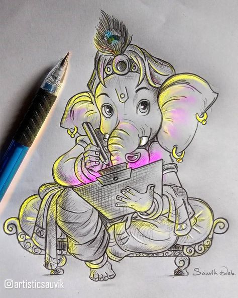 Ganesha Artwork ✨ Art by Sauvik Deb. #GaneshChaturthi #LordGanesha Lord Krishna Quotes, Little Kanha Ji Images, Ganesha Sketch, Ganesha Artwork, Jai Ganesh, Ganesha Drawing, Oil Pastel Colours, Shri Ganesh Images, Lord Hanuman Wallpapers