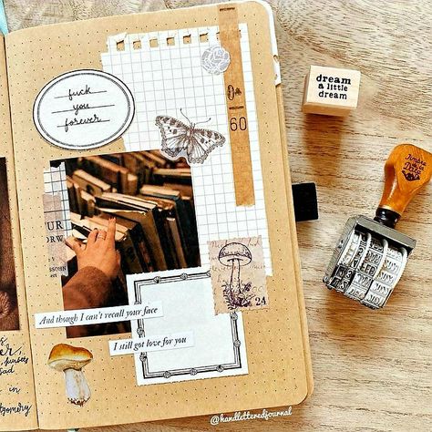 Collage Page Ideas, Collage Pages Art Journaling, Scrap Booking Ideas Layouts Aesthetic, Journal Cover Ideas Decorating, Polaroid Journal, Bullet Journal Vintage, Vintage Bullet Journal, Vintage Journal Pages, Diary Collage