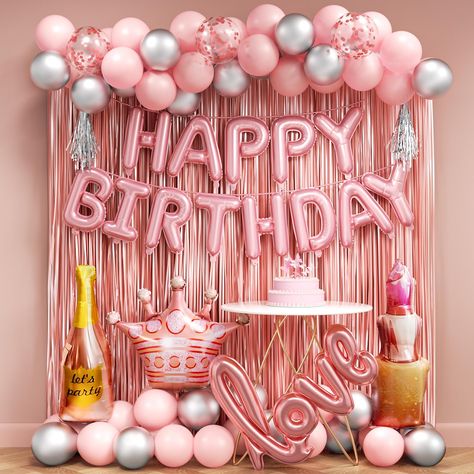 PRICES MAY VARY. 【What You Get】:You will receive 30 10-inch pink balloons, 20 10-inch silver balloons, 3 12-inch confetti balloons, a 16-inch Happy Birthday Banner, 1 crown balloon, 1 champagne bottle balloon, 1 lipstick balloon, 1 love foil balloon, 2 pieces of 3.2*6.5ft pink fringe curtains. It also includes a 16-foot chain, 100 adhesive dots, and a silver ribbon - plenty of balloons and foil options for your stylish party theme 【All-Inclusive Pink Birthday Decor with Rich Foil Accents】:The pi Crown Balloon, Pink Birthday Party Decorations, Teen Girl Birthday Party, Pink Birthday Decorations, Birthday Decorations For Women, 25th Bday, Silver Balloons, Fringe Curtains, Happy Birthday Balloon Banner