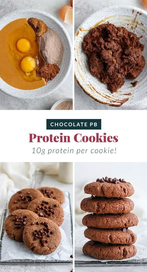 These delicious chocolate Protein Cookies are under 200 calories and pack in 10g protein per cookie. They're gluten-free, grain-free, and made with your favorite protein powder. Quest Chocolate Protein Powder Recipes, Protien Powder Cookies, Protein Packed Cookies, Easy Protein Cookies Recipe, Baking With Chocolate Protein Powder, Chocolate Peanut Butter Protein Cookies, Chocolate Protein Powder Cookies, Protein Powder Cookies Easy, Protein Christmas Cookies