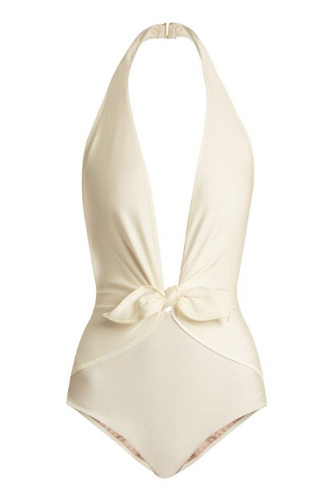 15 Perfect Low-Back Swimsuits To Try   - ELLE.com Bridal Swimsuit, Wedding Swimwear, Honeymoon Wear, Halter Top Bathing Suits, Halter Bathing Suit, Adriana Degreas, White Bathing Suit, Plunge Swimsuit, Monokini Swimsuits