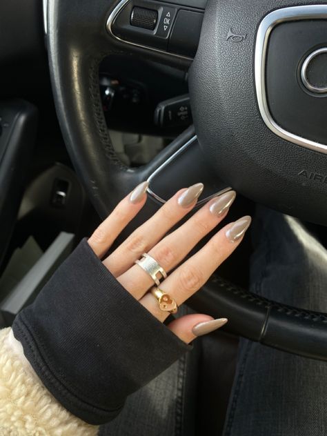 Chrome Mani And Pedi, Light Tan Chrome Nails, Brown Chrome Pedicure, Light Brown With Chrome Nails, Almond Nails Light Brown, Tan Chrome Nails Almond, Neutral Chrome Dip Powder Nails, Light Brown Nails With Chrome, Chrome Tan Nails