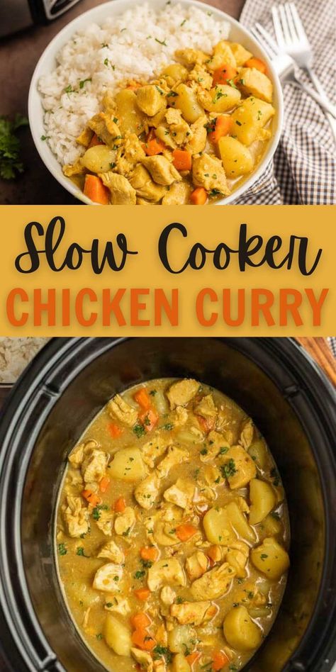 Slow Cooker Chicken Curry Recipe - CrockPot Chicken Curry Recipe Thai Food Crockpot Recipes, Easy Crockpot Curry Chicken, Curry Chicken Thigh Recipes Crockpot, Easy Indian Crockpot Recipes, Crockpot Recipes Curry Chicken, Crock Pot Yellow Curry Chicken, Diced Chicken Slow Cooker Recipes, Curry Chicken Soup Slow Cooker, Crock Pot Chicken Curry Recipes