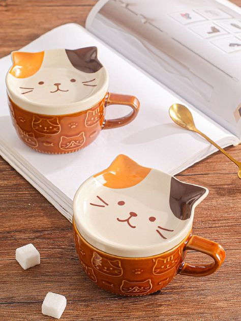 Rust Brown  Collar  Porcelain   Embellished   Kitchen & Dining Ceramics Cups, Hanging Mugs, Porcelain Kitchen, Ceramic Mug With Lid, China Kitchen, Cat Coffee Cups, Cats Pattern, Couple Coffee, Cat Teapot