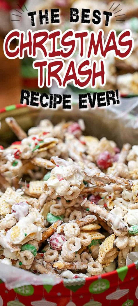 This White Chocolate CHRISTMAS TRASH is a Snack Mix recipe with pretzels, cereal, candy tossed together with chocolate. Quick, easy and an addicting treat. Perfect for a treat or baking exchanges Chez Mix Christmas White Chocolate, White Christmas Trash Recipe, Trash Food Recipe, Christmas Mix Snack Gift Ideas, Trash Cookies Recipes, Recipes Using Hershey Kisses, White Trash Dessert, Trash Dessert, Christmas Crackcrack