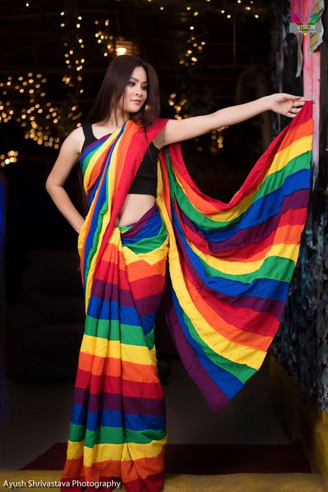 Rainbow Saree, Multicolored Saree, Cheap Sarees, Onam Saree, Women Saree, Saree For Women, Western Outfits Women, Satin Saree, Pride Outfit