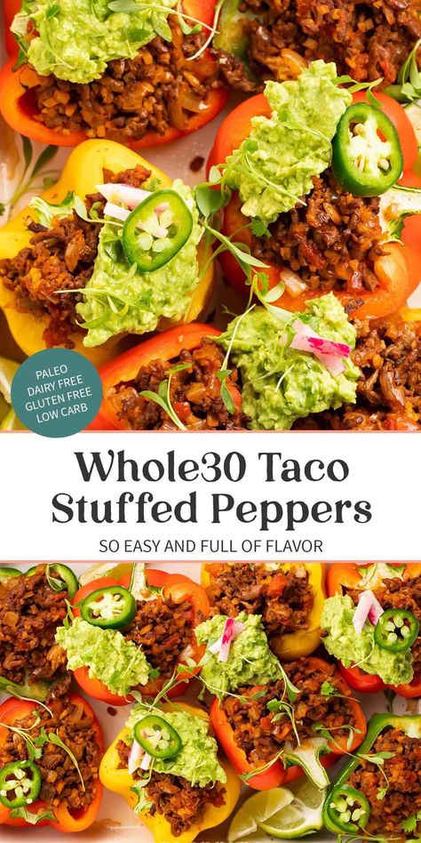 These Whole30 taco stuffed peppers are an easy, delicious, and super satisfying way to satisfy those Mexican food cravings. With a perfectly seasoned taco meat filling, diced tomatoes and green chilies, cauliflower rice, and flavorful bell peppers, every bite is a tastebud-pleaser. Great for paleo and low carb lifestyles, too! Whole 30 Tortillas, Whole 30 On A Budget, Paleo On A Budget, Taco Stuffed Peppers, 30 Diet, Whole 30 Meal Plan, Easy Whole 30 Recipes, Low Histamine, Whole 30 Diet