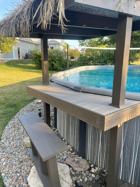 Pool Bar Decorating Ideas, Diy Swim Up Bar Above Ground Pool, Above Ground Pool Table Diy, Above Ground Pool Side Table, Diy Pool Bar, Swimup Bar, Above Ground Pool Bar Ideas, Backyard Amenities, Small Pool Backyard