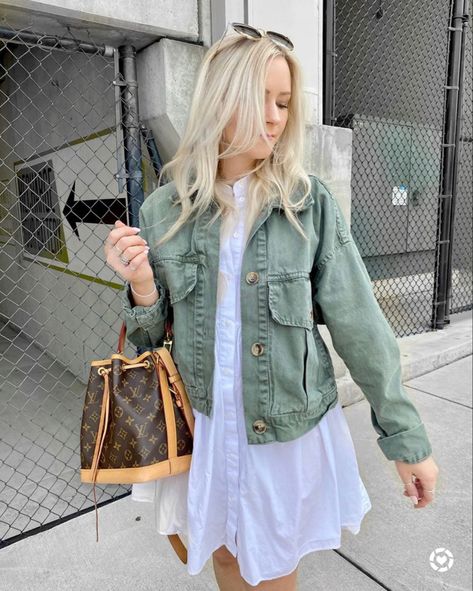 White dress & green jacket with louis vuitton noe bb Louis Vuitton Noe Bag Outfit, Noe Bb Louis Vuitton, Noe Bb Louis Vuitton Outfit, Lv Noe Outfit, Lv Noe, Noe Louis Vuitton, Louis Vuitton Noe Bb, Louis Vuitton Outfits, Louis Vuitton Noe Bag