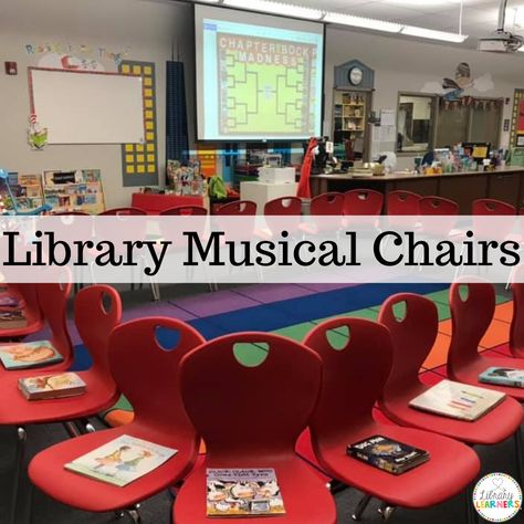 Library musical chairs is a terrific game to promote reading and incorporate technology with Google Form surveys. Elementary Library Decorations, Library Open House, Library Lessons Elementary, Library Orientation, Elementary Librarian, School Library Decor, Library Games, School Library Design, Library Plan