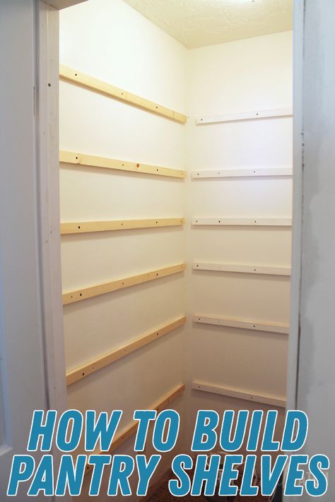 Walk In Pantry Shelves Diy, L Shelves Corner, Shelving Ideas For Pantry Food Storage, Building Shelves In A Pantry, Diy Shelving Storage, Build Your Own Pantry Shelves, Pantry Shelves Without Brackets, Diy Pantry Shelves Small Closet, Open Shelf Butlers Pantry