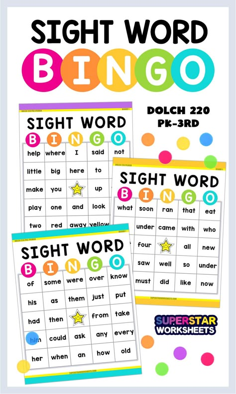 Free sight word bingo games and printable cards for preschool, kindergarten, first grade, second, and third grade sight words. This printable sight word set is the perfect addition to any preschool - third-grade classroom! Engage students in reading fluency and problem-solving practice while playing a fun game! #BINGO #sightwords #dolchsightwordlist #prek #kindergarten #firstgrade #secondgrade #thirdgrade #wordlist #BINGOgame #sightwordgames Sight Word Board Games, Games To Learn Sight Words, Sight Word Bingo First Grade, Sight Word Bingo Kindergarten, Sight Words Kindergarten Activities Fun Games, Sight Words Bingo Printables, Sight Word Activities 1st Grade, Bingo Sight Words Free Printable, Cvc Bingo Free Printable