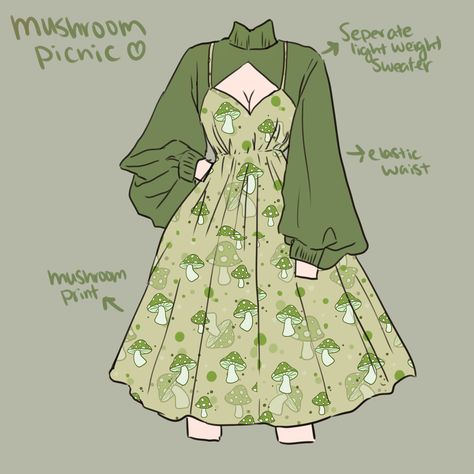 Toxic Mushroom Picnic Cute Dress Drawing Reference, Clothing Sketches Reference, Princess Art Oc, Mushroom Clothes Drawing, Whimsical Pose Reference, Anime Outfit Ideas Female, Clothing Design Sketches Aesthetic, Drawing Reference Outfits, Strawberry Outfit Drawing