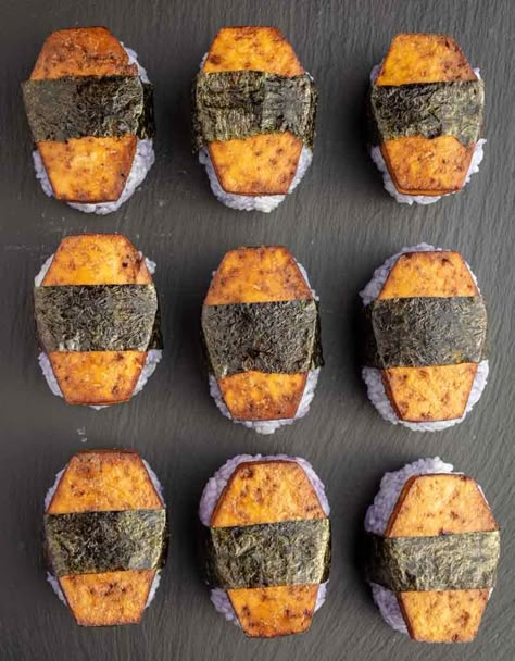 Vegan Spam, Savory Halloween Food, Vegan Halloween Recipes, Vegan Halloween Food, Halloween Potluck, Halloween Tea Party, Spam Musubi, Vegan Halloween, Spooky Snacks