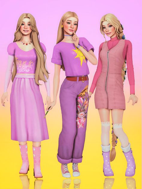 Hi everyone, This is my next charcter overview of my Rapunzel ( second outfit inspired this , third outfit is this ) i hope you like it ;) She has 3 outfit Rapunzel CC collection here 10 colors Edited EA mesh by me Custom tumbnails How to install: 1. Download custom content folder from here 2. Put "Mods" in your "Mods" folder 2. Put "Tray files" in your "Tray" folder 3. Enjoy it ♥ Hope you enjoy <3 All credits to CC creators! Cute Colorful Outfits, Sims Challenge, Cc Folder, Disney Princess Outfits, The Sims 4 Pc, Pelo Sims, The Sims 4 Packs, Sims 4 Mm Cc, Tumblr Sims 4