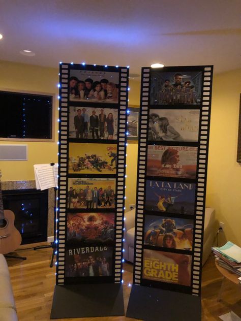 Homecoming Float Ideas Movie Theme, Film Festival Decorations Ideas, Diy Film Strip, Film Themed Party, Now Showing Movie Sign Diy, Lights Camera Action Theme Homecoming, Lights Camera Action Theme, Movie Film Strip, Movie Night Decor