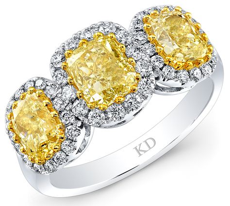 Kattan three-stone yellow diamond ring | JCK On Your Market Blue Nile Jewelry, Fancy Yellow Diamond Ring, Gold Jewelry Prom, Halo Engagement Ring Emerald, Bridal Diamond Necklace, Yellow Diamond Ring, Yellow Diamonds Engagement, Yellow Diamond Engagement Ring, Victorian Engagement Rings