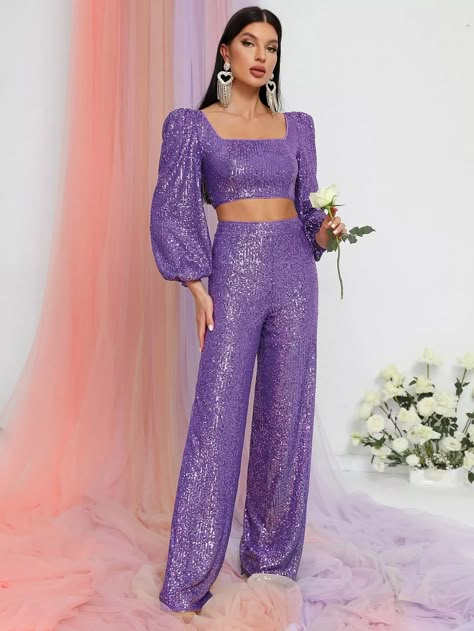 Square Neck Lantern Sleeve Sequin Top & Pants | SHEIN Purple Party Jumpsuit, Purple Bachelorette Outfit, Purple Sparkle Outfit, Sequence Top Outfit, Purple Party Outfit, Purple Fashion Outfit, Purple Sequin Top, Outfit Fiesta, Mode Purple