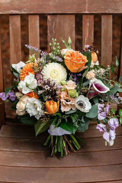 White Purple Orange Bouquet, Purple Orange Green Bouquet, Lavender And Burnt Orange Wedding, Orange And Lavender Wedding, Orange Dahlias, Blue Yellow Weddings, Purple Fall Wedding, Spring Bridal Bouquet, Peach Wedding Bouquet