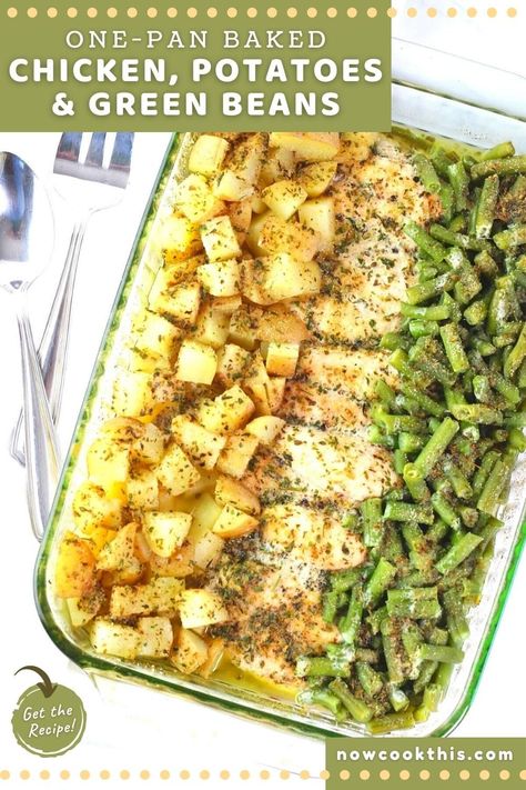 This classic one-dish baked chicken, potatoes and green beans with Italian seasonings is so easy and delicious, it's sure to become a regular in your dinner rotation. If you're looking for a simple, no-fuss, family-friendly meal with minimal prep time, easy clean-up, and lots of flavor, this is a must-try. After a few quick minutes to put it all together, the oven does the rest of the work for you. All that's left to do it sit down and enjoy! Get the recipe and give it a try! Green Bean Chicken Potato Bake, Italian Chicken And Green Beans, Chicken Vegetable Bake Recipes, One Pan Chicken And Vegetables, Italian Chicken Potatoes Green Beans, Potatoes And Chicken Recipes, Chicken Breast And Potatoes Recipes, Chicken Potatoes And Veggies, One Pan Dinners Chicken