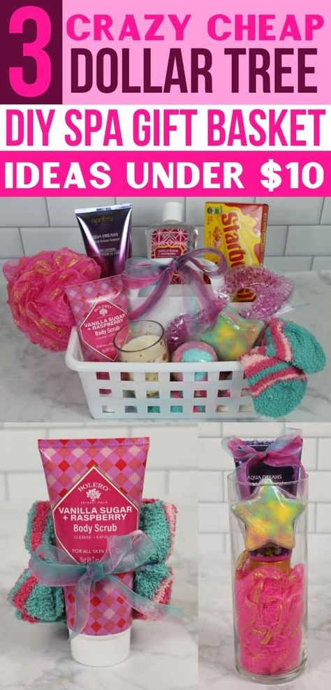 These DIY Dollar Tree spa gift basket ideas are so cheap! Make this homemade spa gift basket from the dollar store for under $10! Perfect for women, mom, friends, teachers & family! #diy #giftideas #gifts #giftbaskets #giftsforfriends #giftsforwomen #cheapgifts At Home Gift Ideas, Spa Gift Basket Ideas, Basket Boyfriend, Diy Spa Gifts Baskets, Diy Spa Day At Home, Diy Spa Gifts, Dollar Store Gifts, Spa Day Gifts, Dollar Tree Gifts