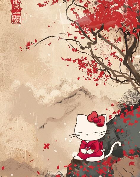 Give Away! Free Mobile Wallpaper Digital Art - Link in Bio. Hello Kitty in the style of traditional Chinese painting, red cherry blossoms falling from tree branches onto rock and mountain background, with a red color palette, digital art with brush strokes and subtle texture resembling paper, on a light beige background, a high resolution digital illustration of the hello kitty character from Sanrio's world sitting by a stream. Follow @hello_kyoota for more upcoming free giveaways! Red Cherry Blossom Wallpaper, Light Red Wallpaper, Color Palette Digital Art, Cherry Blossoms Falling, Red Sanrio, Cherry Wallpaper, Wallpaper Digital Art, Red Color Palette, Red Cherry Blossom