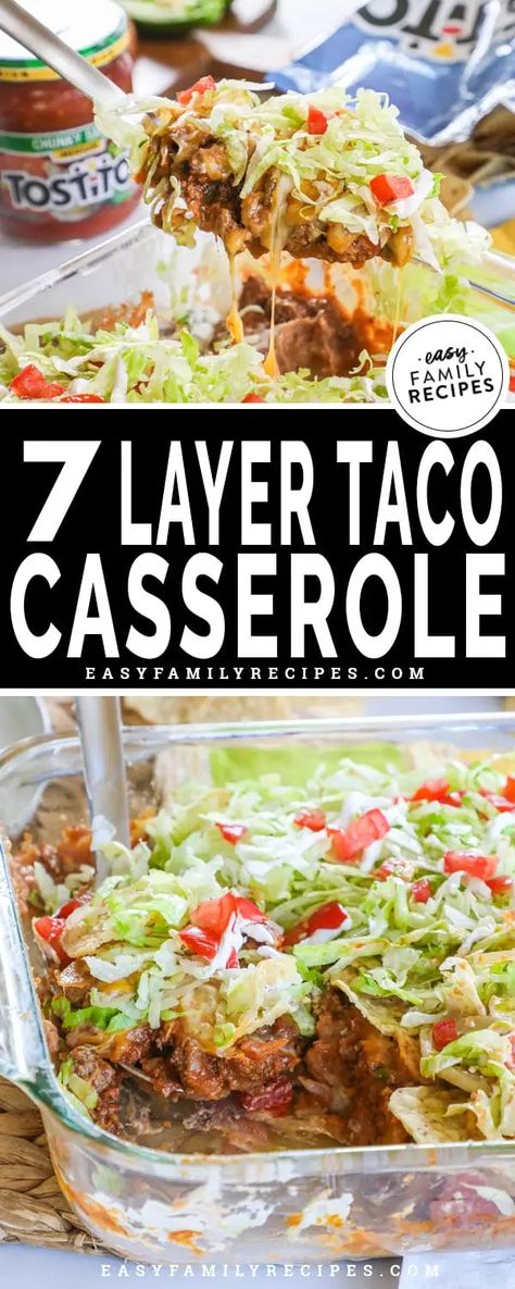 Layer Taco Casserole, Taco Casserole With Tortillas, Layered Taco Salads, 7 Layer Dip, Dinner Casserole Recipes, Easy Family Recipes, Casserole Easy, Taco Salads, Ground Beef Tacos