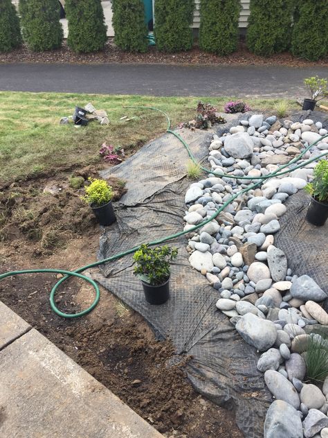 Dry Stream Landscaping, Hardscape Front Yard Curb Appeal, Dry Rock Bed, Dry Stream Bed Landscaping, Dry Creek Bed For Drainage, Dry Creek Bed Landscape, Backyard Ideas Landscaping, Backyard Rock Garden, Dry Riverbed Landscaping