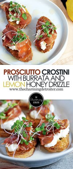 Prosciutto Crostini: These quick crostini feature crispy prosciutto, creamy burrata, and a simple lemon honey drizzle sauce. Prosciutto Boursin Honey, Gluten Free Italian Appetizers, Easy Crostini, Prosciutto Crostini, Honey Drizzle, Crostini Appetizers, Crispy Prosciutto, Lemon Honey, Appetizers For Party