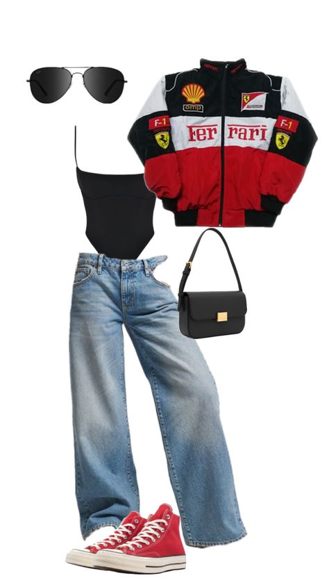 F1 Race Day Outfit For Women, F1 Jacket Women, Silverstone F1 Outfits, F1 Outfit Ideas, Formula 1 Outfit Women Ferrari, Ferrari Jacket Outfit Women, Formula 1 Race Outfit Women, Ferrari Outfit Women, F1 Outfits Women