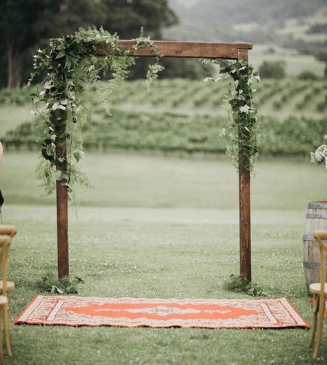 Arbors Wedding Rustic, Wood Arch With Greenery, Wedding Arch Cheap, Wooden Wedding Arch With Greenery, Arch Greenery Wedding, Ceremony Arbor Greenery, Wedding Altar Simple, Wood Altar Wedding, Simple Archway Wedding