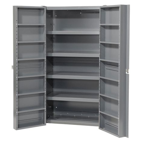 PRICES MAY VARY. Unit is Unassembled Bins sold separately Cut-resistant padlock hasp Includes 4 height adjustable interior shelves 38"W x 24"D x 72"H These pre-assembled storage cabinets have a heavy 16 gauge steel construction for secure, dust-free storage. Cabinets have leveling feet, withstand 250°F and have a gray powder coat finish. Reinforced 4" deep box style doors swing a full 270° on heavy-duty hinges and close with locking handles and a cut resistant padlock hasp. Interior Shel Clever Storage Ideas, Industrial Storage Cabinets, Pantry Storage Cabinet, Bin Storage, Metal Storage Cabinets, Kitchen Pantry Storage, Small Closet Organization, Industrial Storage, Installing Cabinets