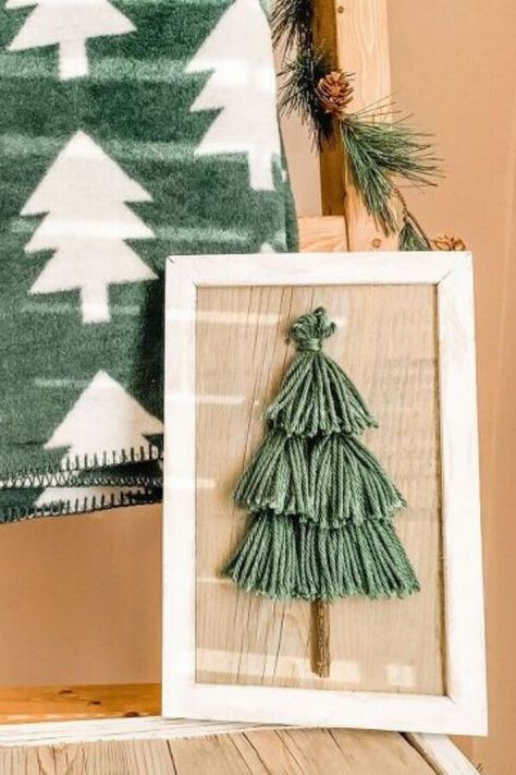 Tassel Christmas Tree, Cheap Christmas Crafts, Tassel Christmas, Christmas Tree Sign, Yarn Clothes, Living Room Fireplace, Tree Sign, Room Fireplace, Entryway Console Table