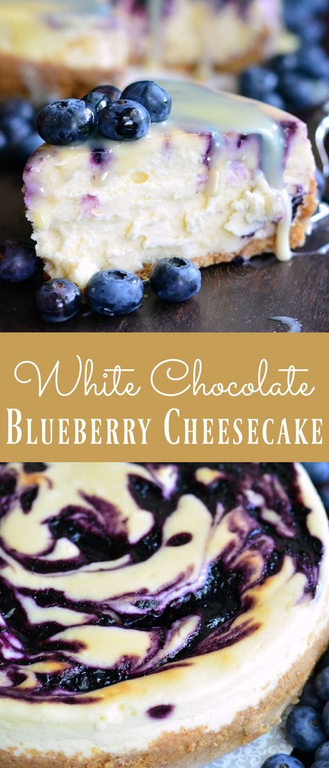 Elegant White Chocolate Blueberry Swirl Cheesecake, White Chocolate Berry Cheesecake, Half And Half Cheesecake, Blueberry Cobbler White Chocolate Cheesecake, Cheesecake Recipes Berry, Cheesecake Recipes Fancy, Blueberry Jam Desserts, Blueberry White Chocolate Cheesecake, Different Kinds Of Cheesecake