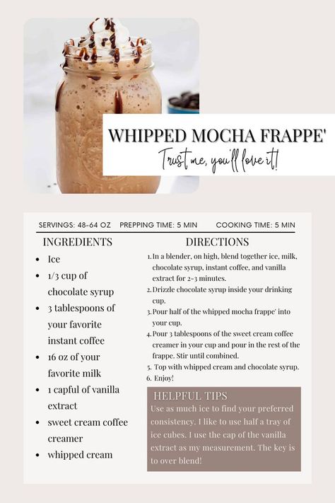 Homemade Frappe, Mocha Coffee Recipe, Flavored Coffee Recipes, Mocha Frappe Recipe, Cold Drinks Recipes, Homemade Frappuccino, Frappe Recipe, Mocha Recipe, Cold Coffee Recipes