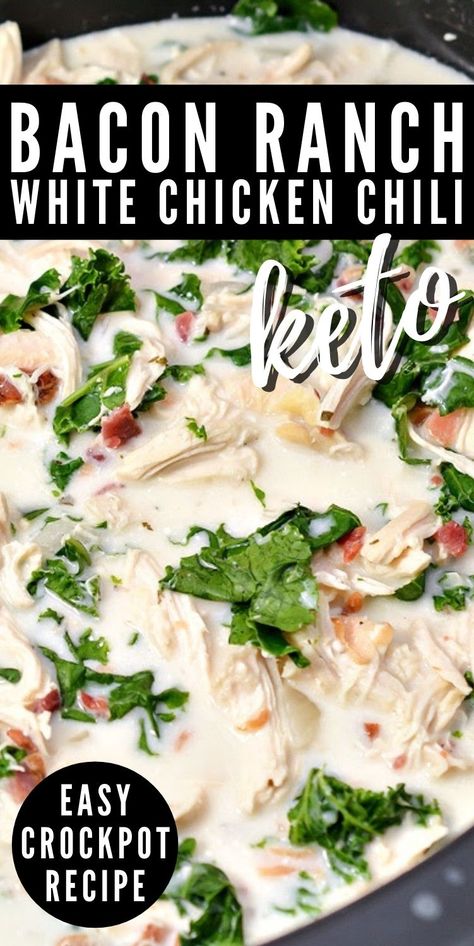 Keto Crockpot Chicken Chili With Bacon & Ranch - Simple Dinner Idea Keto Soups Crockpot, Keto Crockpot Desserts, Keto Chicken Chili Crockpot, Chicken Keto Crockpot Recipes, Thm Crockpot Meals, Easy Keto Crockpot Meals, Crockpot Keto Chicken Recipes, Keto Chicken Crockpot Recipes, Keto Recipes Crockpot