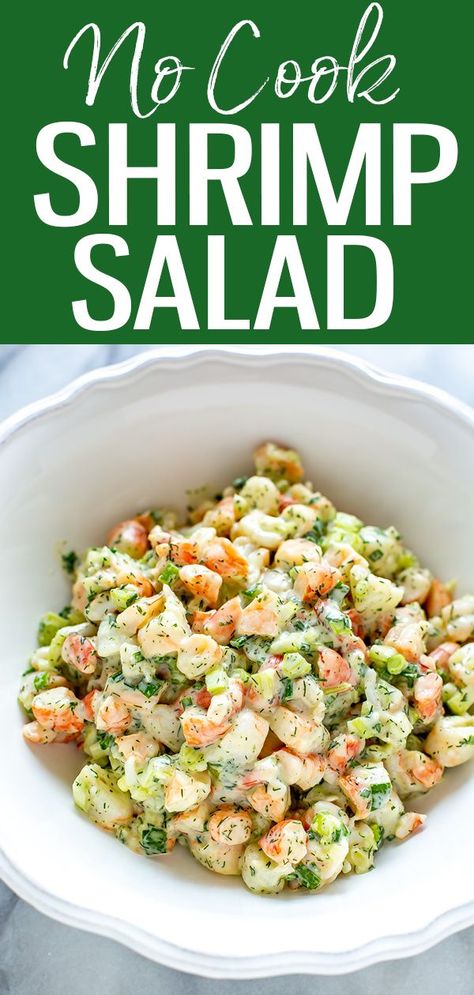 This Shrimp Salad is the BEST no cook dinner idea for summer - turn it into a pasta salad or serve in brioche rolls for a filling meal. #shrimpsalad #nocook Cold Shrimp Lunch Ideas, Low Calorie Shrimp Salad, Healthy Shrimp Pasta Salad, Fun Summer Dinners, No Pasta Dinner Ideas, No Cook Dinners For Summer, No Cook Summer Meals, Salad Shrimp Recipes, No Cook Dinner Ideas