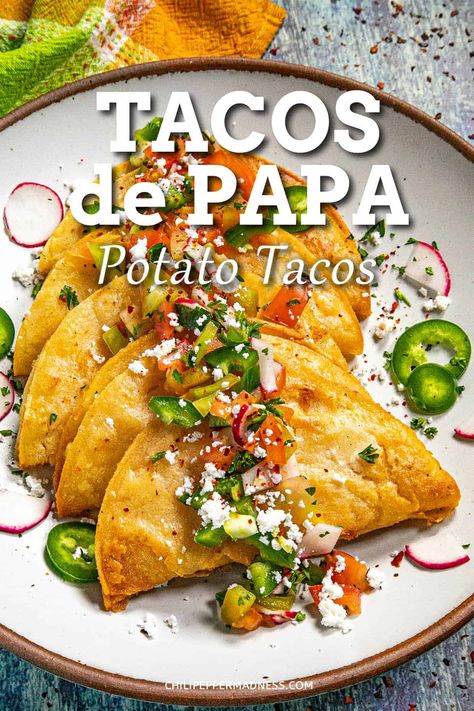 Potato Tacos Mexican Authentic, Breakfast Potato Tacos, Mashed Potato Tacos Mexican, Mashed Potatoes Tacos, Traditional Mexican Dinner, Potato Tacos Recipe, Potato Taquitos Mexican, Potato Tacos With Green Chilies, Sweet Potato Tacos Recipes