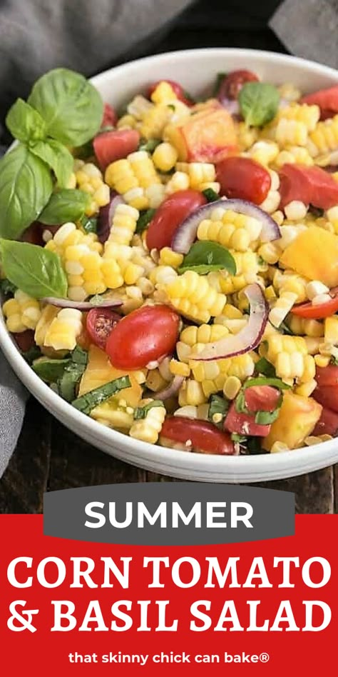 Tomato And Basil Salad, Sweet Corn Salad Recipe, Tomato Basil Salad, Corn Tomato Salad, Fresh Corn Salad, Basil Salad, Corn Salad Recipes, Lake Food Ideas, Summer Corn Salad