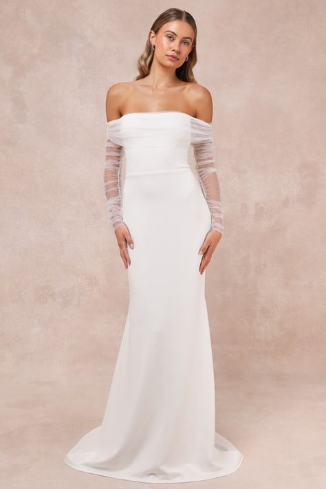 Beautifully Beloved White Mesh Off-the-Shoulder Maxi Dress Lulus Wedding Dress, Tulle Maxi Dress, Anna Dress, Sleeve Wedding Dress, White Tulle, White Off Shoulder, Long Sleeve Wedding, Bridal Beauty, White Mesh