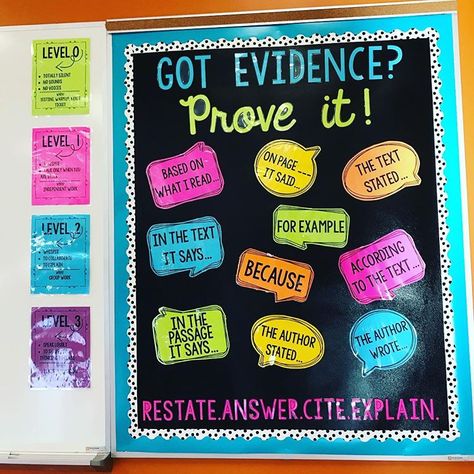 I LOVE this bulletin board idea from @live.love.lessonplan for citing evidence when speaking about a text! My students are good at finding… Text Evidence Bulletin Board, Evidence Board, Music Bulletin Boards, Citing Evidence, Christmas Bulletin Boards, Reading Bulletin Boards, Library Book Displays, Library Bulletin Boards, Preschool Bulletin