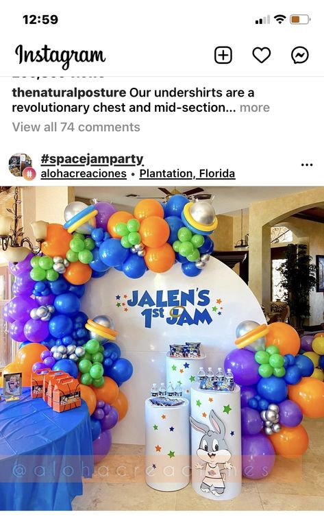 Space Jam First Birthday Party, Space Jam 1st Birthday Party, Space Jam Birthday Party Ideas, Space Jam Birthday Party, Space Jam Party, Space Jam Birthday, Space Jam Theme, Backdrop Balloons, Baby Birthday Party Theme