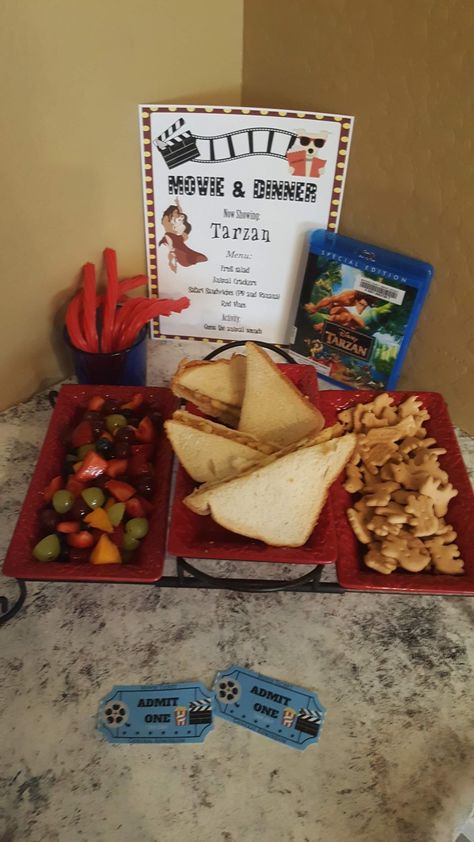 Tarzan Movie Night Food, Tarzan Dinner And A Movie, Tarzan Themed Food, Disney Date Night At Home, Kid Movie Theme Dinner, Disney Movie Theme Night, Tarzan Movie Night, Disney Theme Movie Night Ideas, Food Movie Night