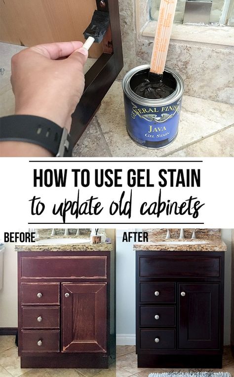 How to Use Gel Stain - Update Cabinets Without Sanding - Anika's DIY Life Update Old Cabinets, Gel Stains, Java Gel Stains, Java Gel, Update Cabinets, Staining Cabinets, Old Cabinets, Gel Stain, Painting Furniture Diy