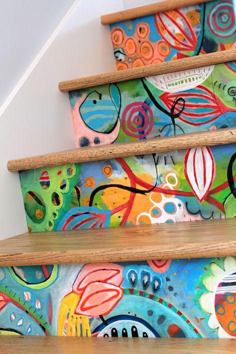 Painted Steps, Basement Stairs, Stair Case, Painted Stairs, Stair Decor, Stair Risers, Painted Floors, Print Stickers, Home Deco