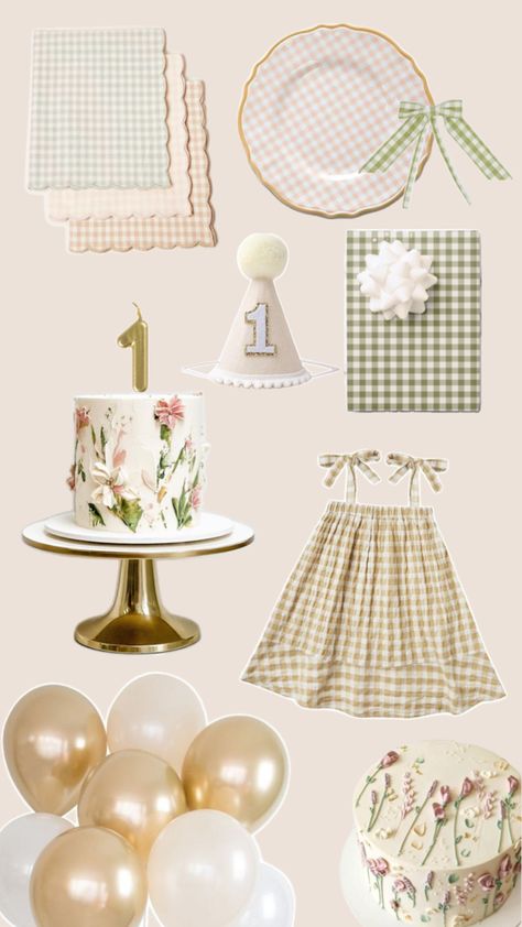 Celebrate your little girl's first birthday party in style with sweet checkered patterns, soft pastel tones, and vintage touches. Save this idea for later! First Birthday Lunch Ideas Parties Food, First Birthday Vintage Theme, Vintage One Year Old Birthday Party, First Birthday Themes For Baby Girl, Vintage Floral Birthday Party, Whimsical First Birthday Photoshoot, Tea Party One Year Birthday, At Home 1st Birthday Party Ideas, Cottage Core 1st Birthday